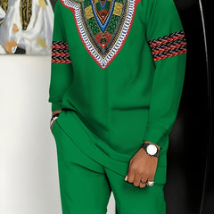 [African-Inspired Suit] Breathable Knit Polyester Men's African-Inspired Suit - White with Green, Red, Black Accents | Formal & Casual Events, Machine Washable, Round Neck Design, Comfortable Fit, PLUS SIZE, Business Party Ou