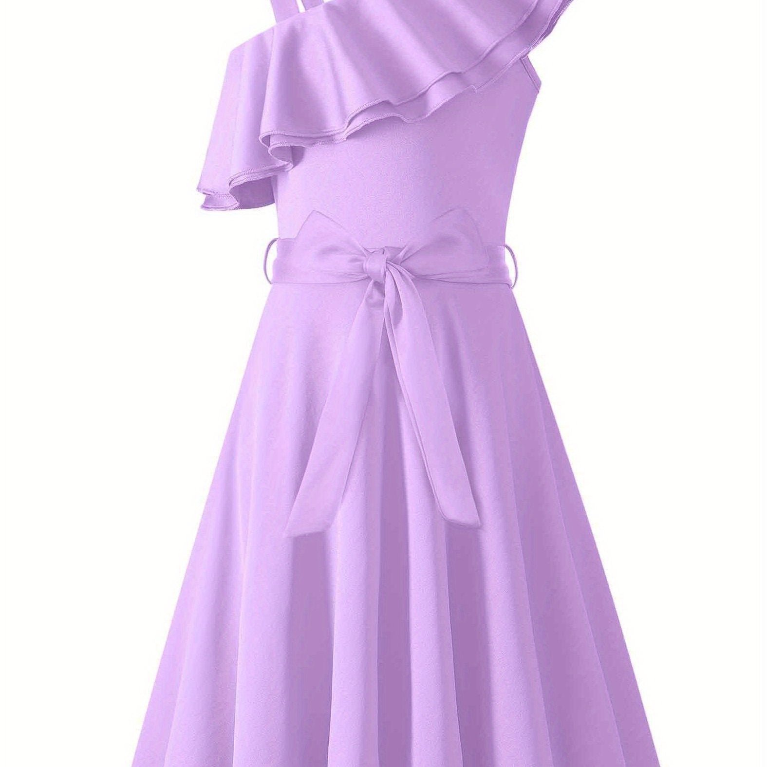 SHOWLU FASHION girls polka dot one-shoulder ruffle A-line dress displayed on a child, featuring a playful polka dot pattern and ruffle details.