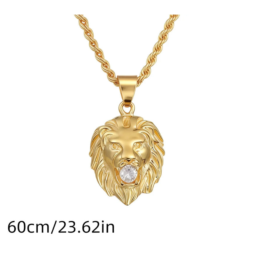 Showlu Golden Lion Head Pendant Necklace featuring a stainless steel lion design, hip-hop jewelry style.
