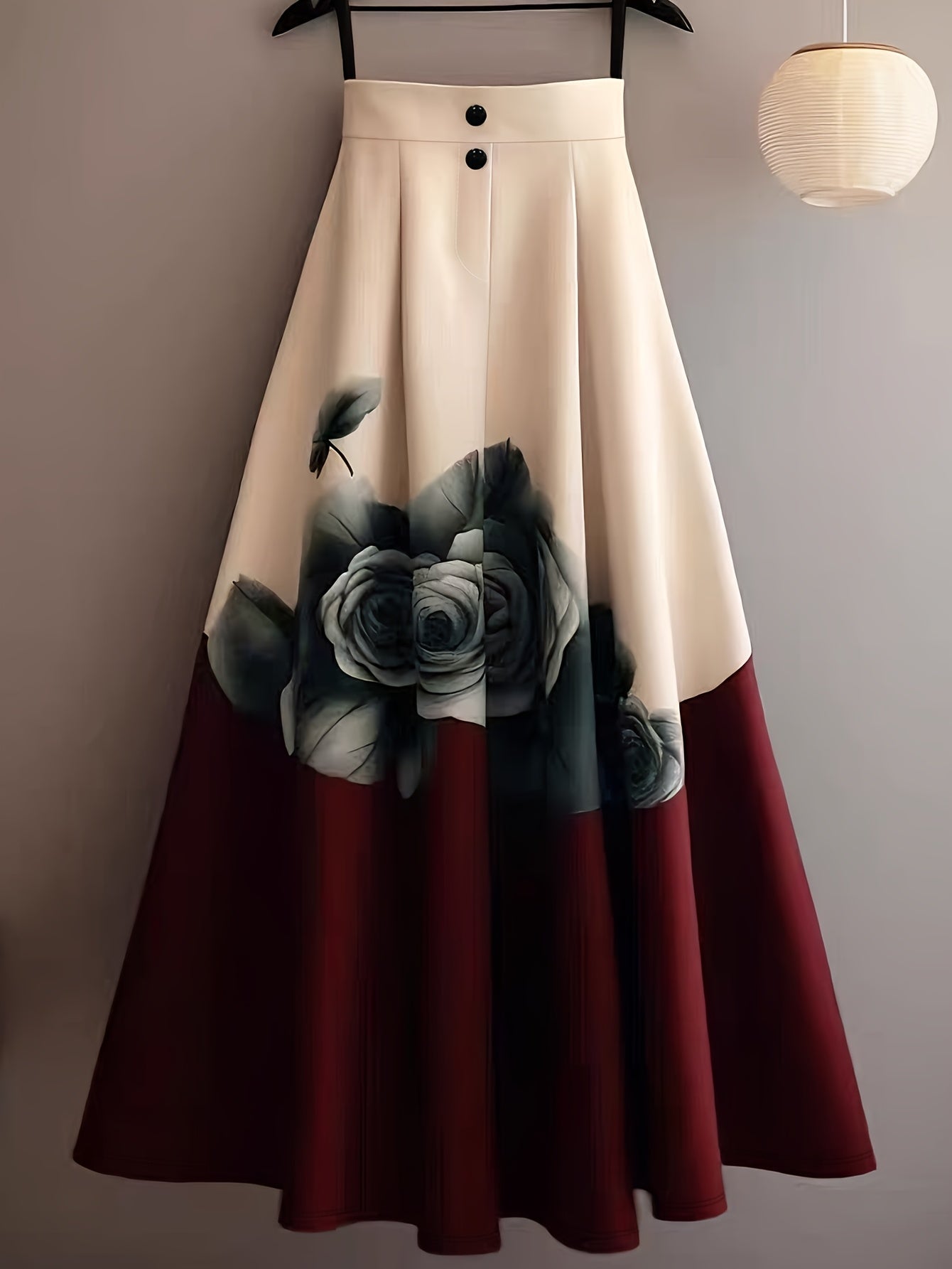 Beige and red floral print midi skirt by SHOWLU FASHION with an A-line cut and rose pattern, perfect for stylish spring outfits.