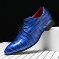 Men's blue ripple glossy pointed toe business dress shoes by SHOWLU FASHION STORE, stylish and polished for formal occasions.