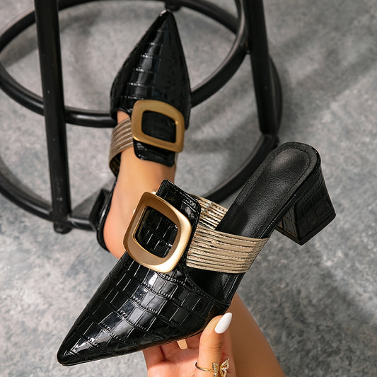 Women's Pointed Toe Metal Buckle Solid Color Fashion High Heel Mules with Open Back Strap Slip-On Comfortable Outdoor Women's Sandals