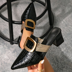 Women's Pointed Toe Metal Buckle Solid Color Fashion High Heel Mules with Open Back Strap Slip-On Comfortable Outdoor Women's Sandals
