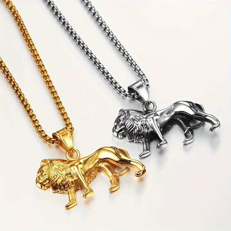 Showlu 18K gold plated stainless steel lion pendant necklace set with matching chain, showcasing detailed lion design and shiny finish.
