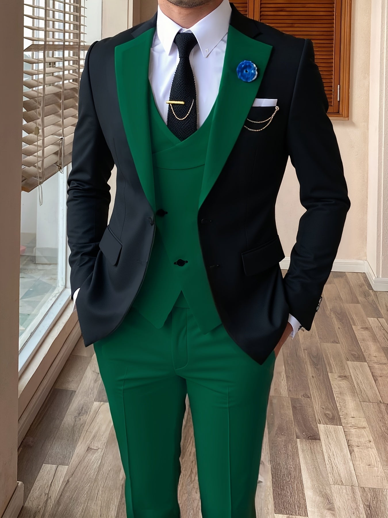 Showlu Fashion men's 3-piece color block slim fit tuxedo suit set, featuring jacket, vest, and trousers in stylish color blocking.