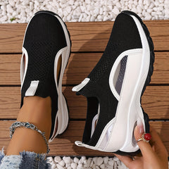 Women's Lightweight Breathable Walking Shoes - Black & White Camp Sneakers with Stability Support, EVA Cushioned Sole for All-Season Casual & Light Exercise, Ladies Sneakers, Allseason Footwear, Sleek Sneaker Design, Comforta