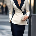 SHOWLU Women's asymmetrical two-tone color-block blazer jacket featuring stylish design and fitted silhouette on a plain background.