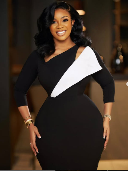 Elegant Black and White Asymmetrical Neck Bodycon Midi Dress - Stretchy, Machine Washable, Knee-Length for Office or Evening Wear, Professional Clothing, Quality Craftsmanship