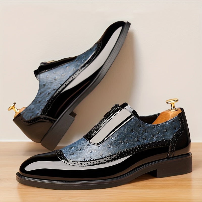 Showlu men's leather Oxford shoes with zipper closure, stylish business casual dress shoes in black for men.