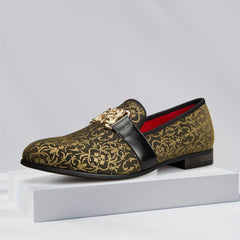 [Floral Pattern Loafers] Elegant Slip-On Loafers - Comfortable Floral Pattern Shoes with Golden Buckle, Black and Red Accents - Perfect for Parties & Streetwear