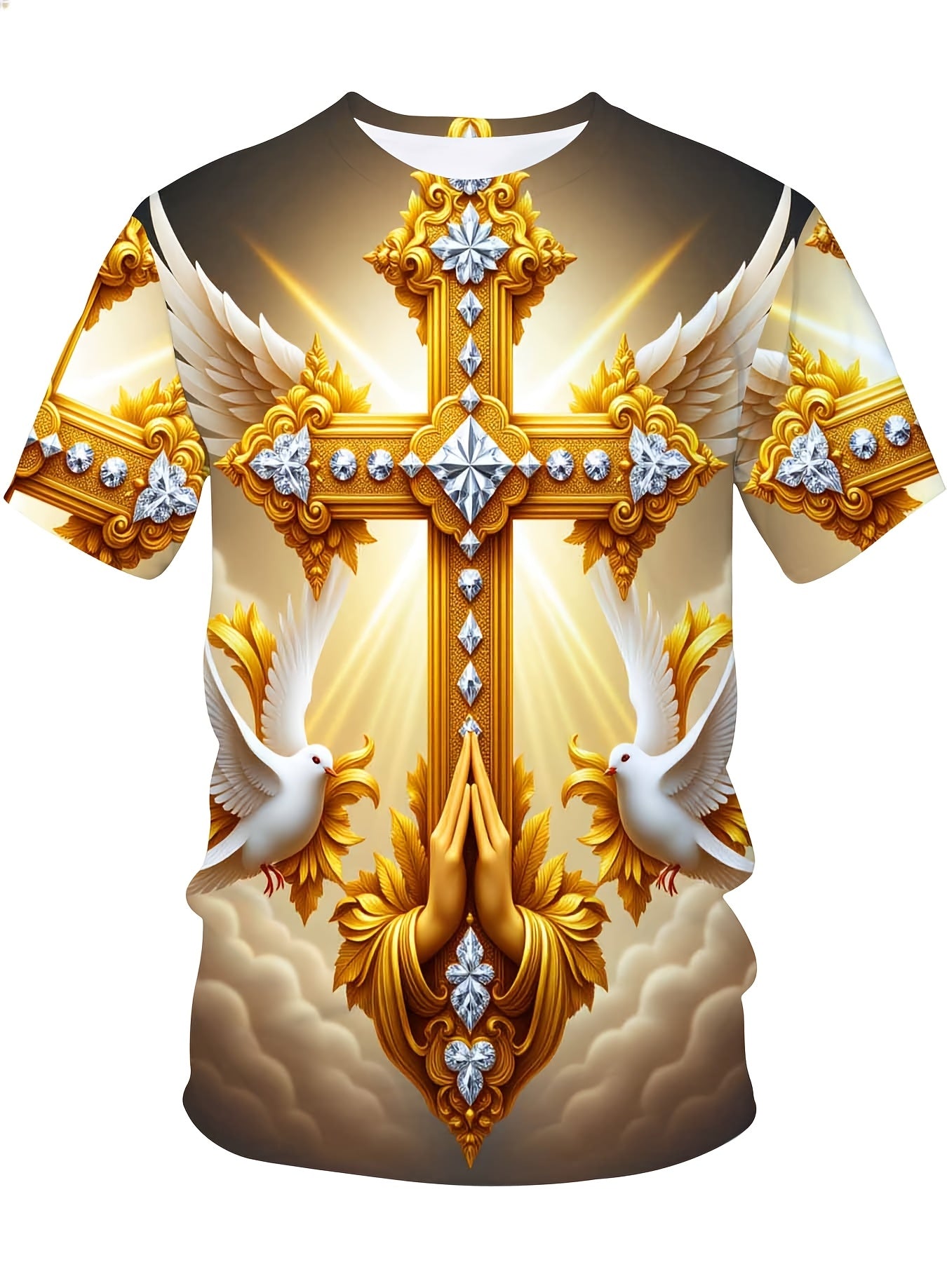 Showlu men's golden cross with wings Christian faith T-shirt, polyester top featuring religious symbol design on front.
