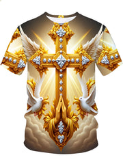 A short-sleeved crew neck t-shirt featuring a golden cross with wings, doves, and praying hands.