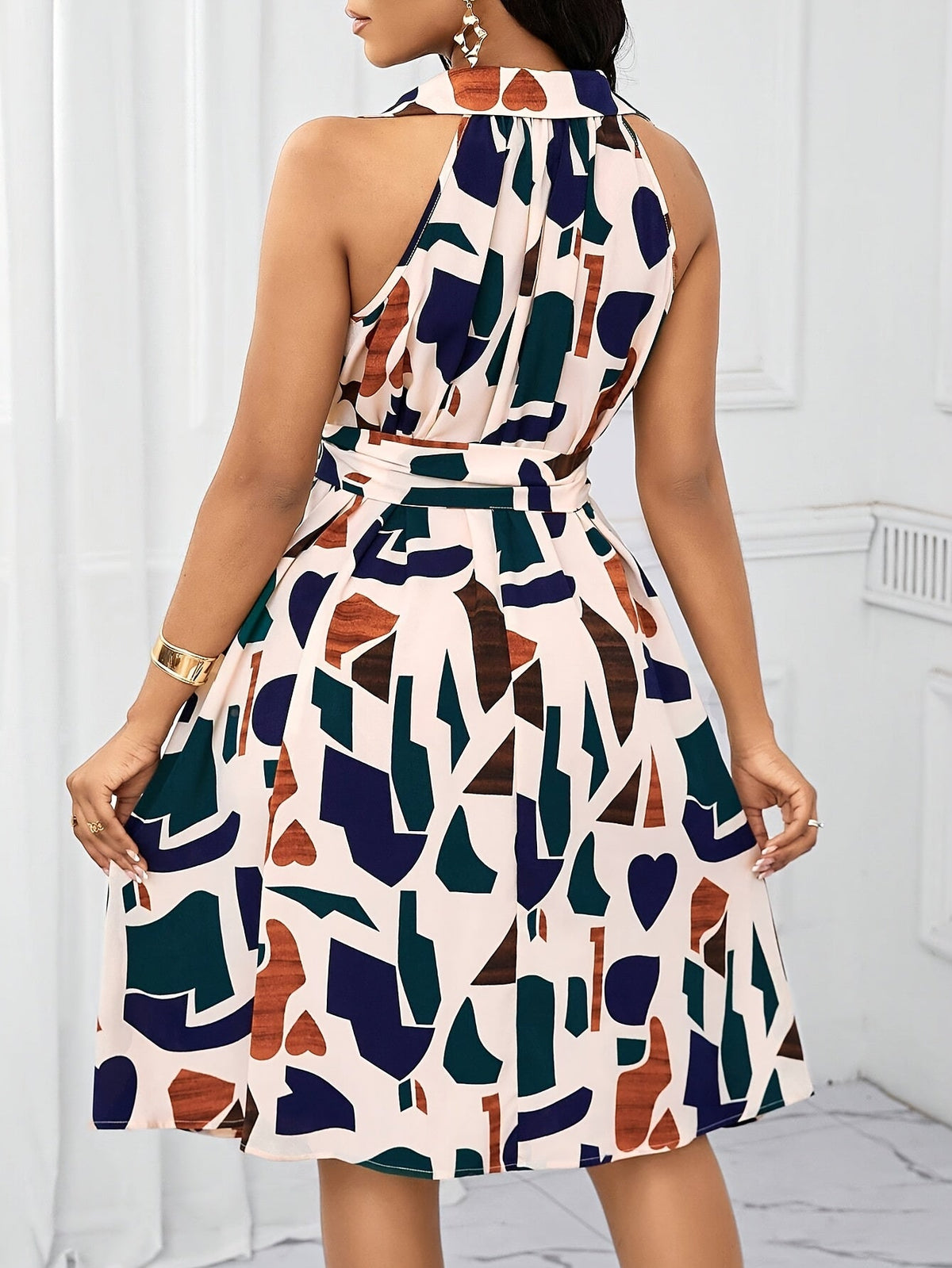 SHOWLU FASHION STORE women's geometric print V-neck A-line dress with bow waist tie, stylish and elegant for casual wear