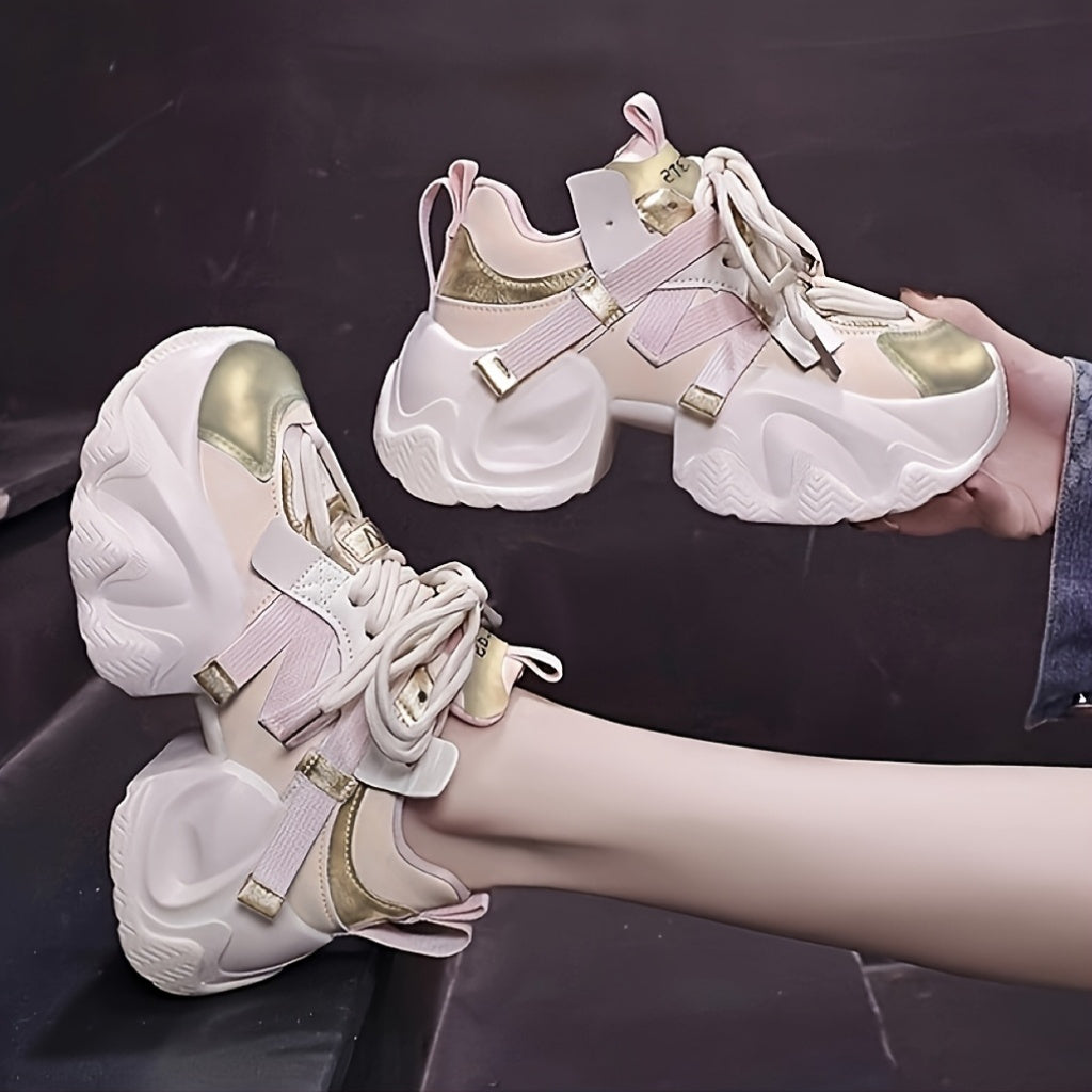 SHOWLU Women's Chunky Platform Sneakers in white and pink, high-top shoes with stylish design and thick sole.