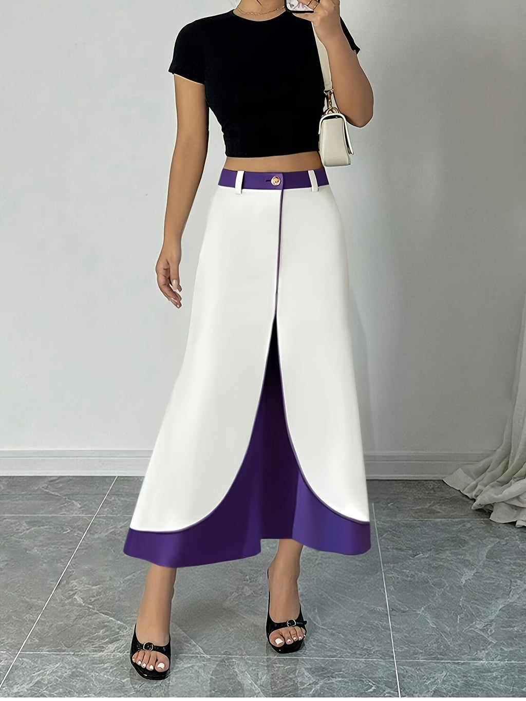 SHOWLU FASHION purple and white color-block A-line skirt, elegant design with a flattering fit, stylish for casual or dressy occasions.