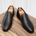 SHOWLU Men's black and gold woven PU loafers with comfortable design, suitable for driving and casual wear.