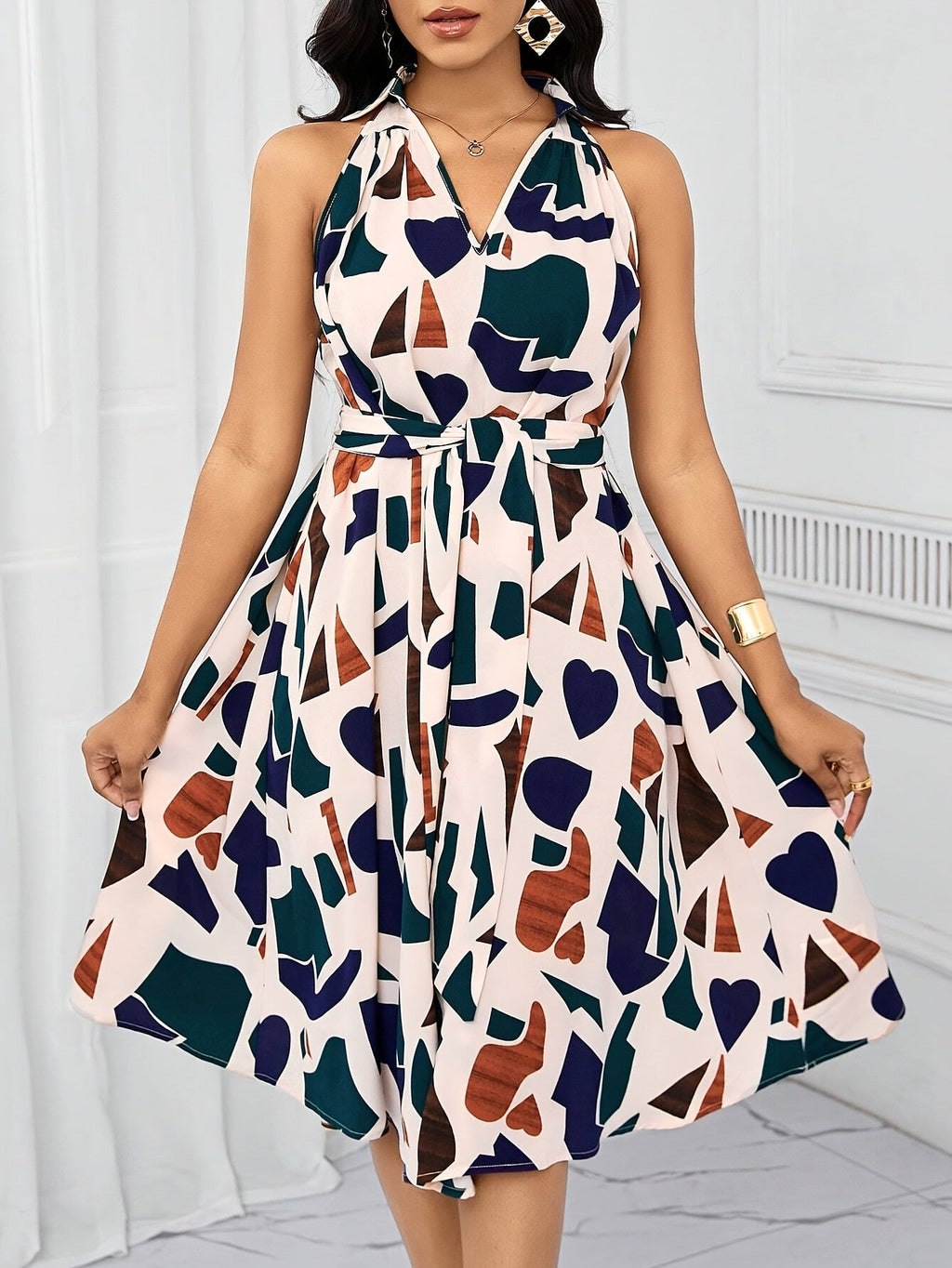 Women's geometric print V-neck A-line dress with bow waist tie by SHOWLU FASHION STORE, stylish and elegant for casual wear.