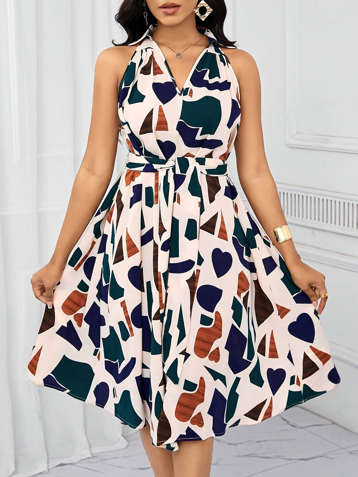 Women's geometric print V-neck A-line dress with bow waist tie by SHOWLU FASHION STORE, stylish and elegant for casual wear.