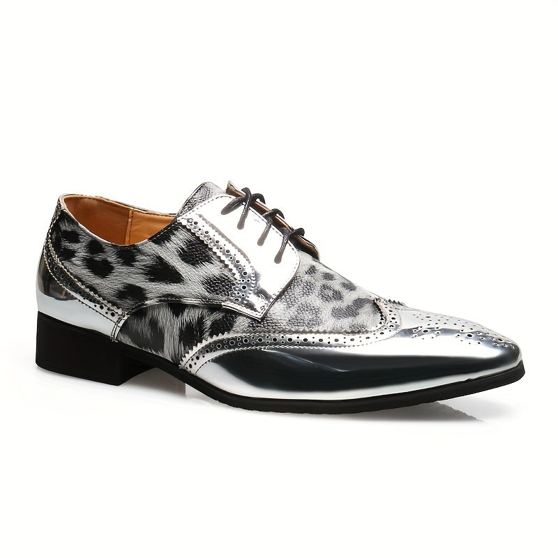SHOWLU Men's leopard print oxford dress shoes with pointed toe and brogue detailing, stylish men's footwear for formal occasions