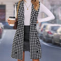 SHOWLU Houndstooth Knit Long Vest featuring a polyester lapel, sleeveless design, and stylish tailored fit.