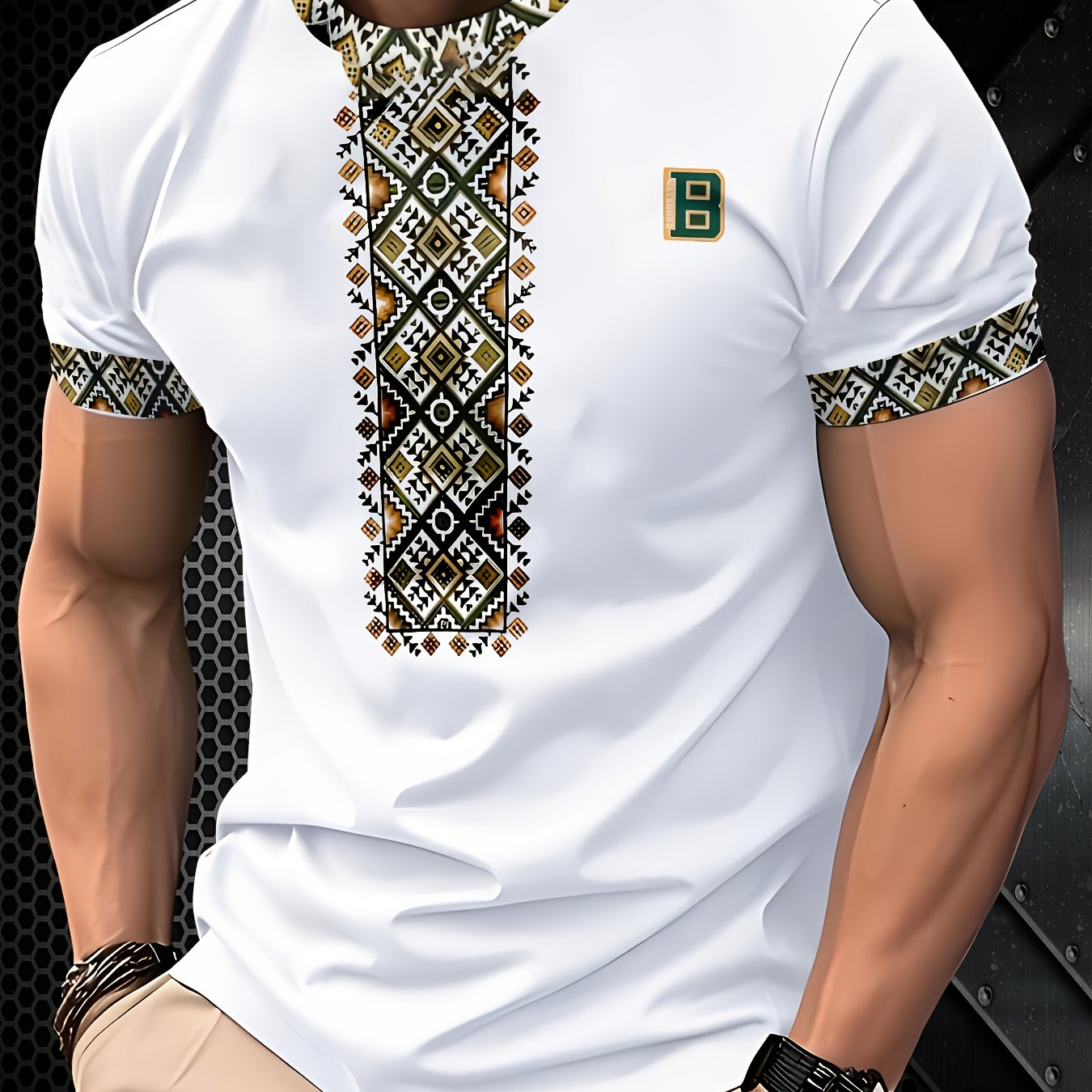 White men's geometric print T-shirt by SHOWLU FASHION STORE, polyester regular fit with modern geometric design.