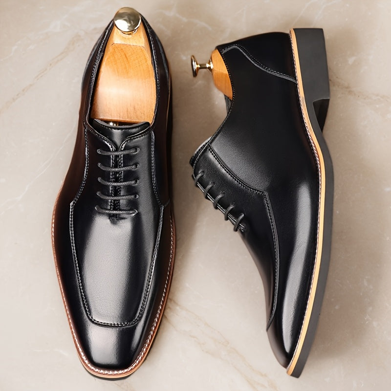 SHOWLU Men's black genuine leather Oxford shoes, formal dress shoes with sleek design and polished finish.