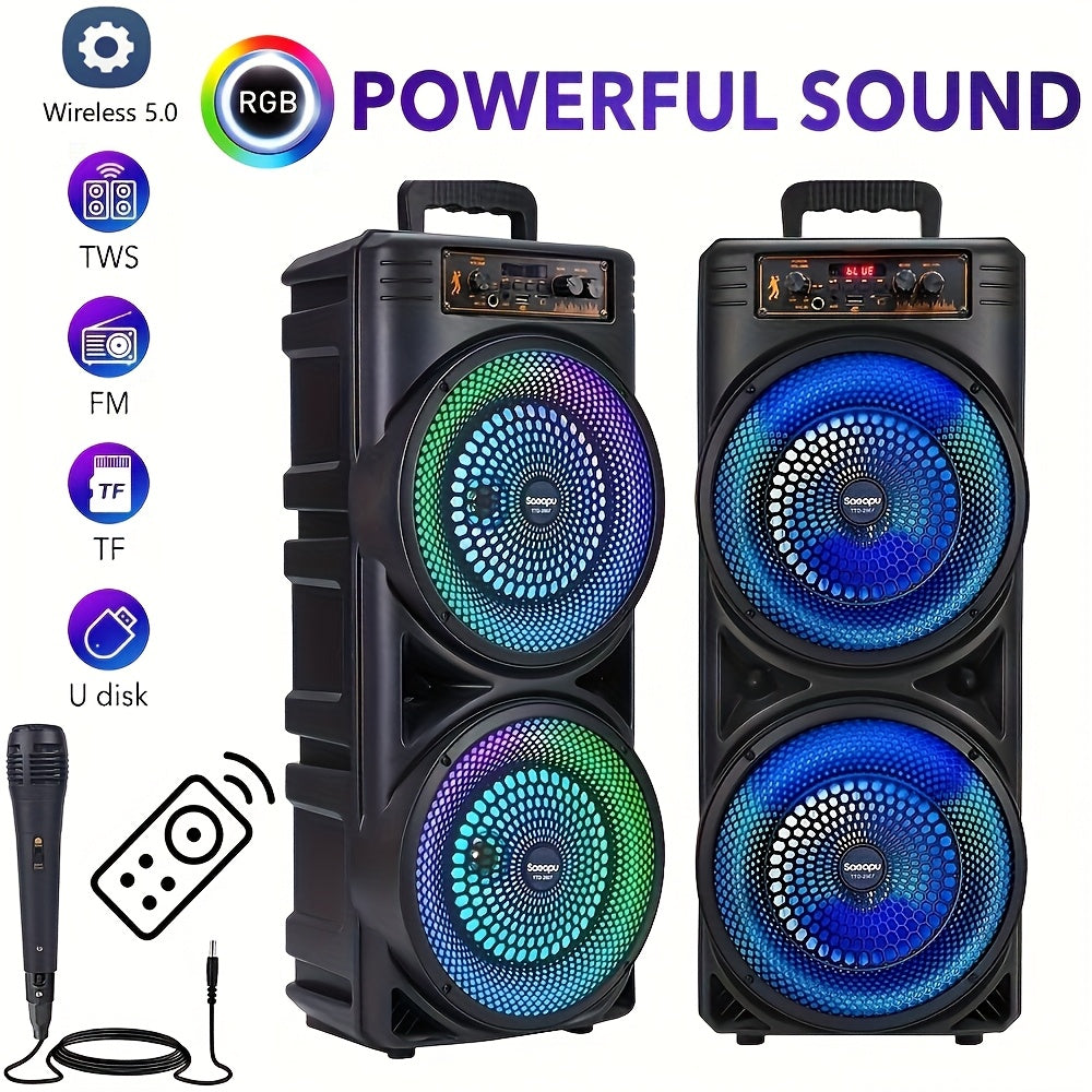 SHOWLU 6000W dual 8.5-inch wireless speaker with heavy bass, TWS party system, showing the speaker with controls and LED lights.