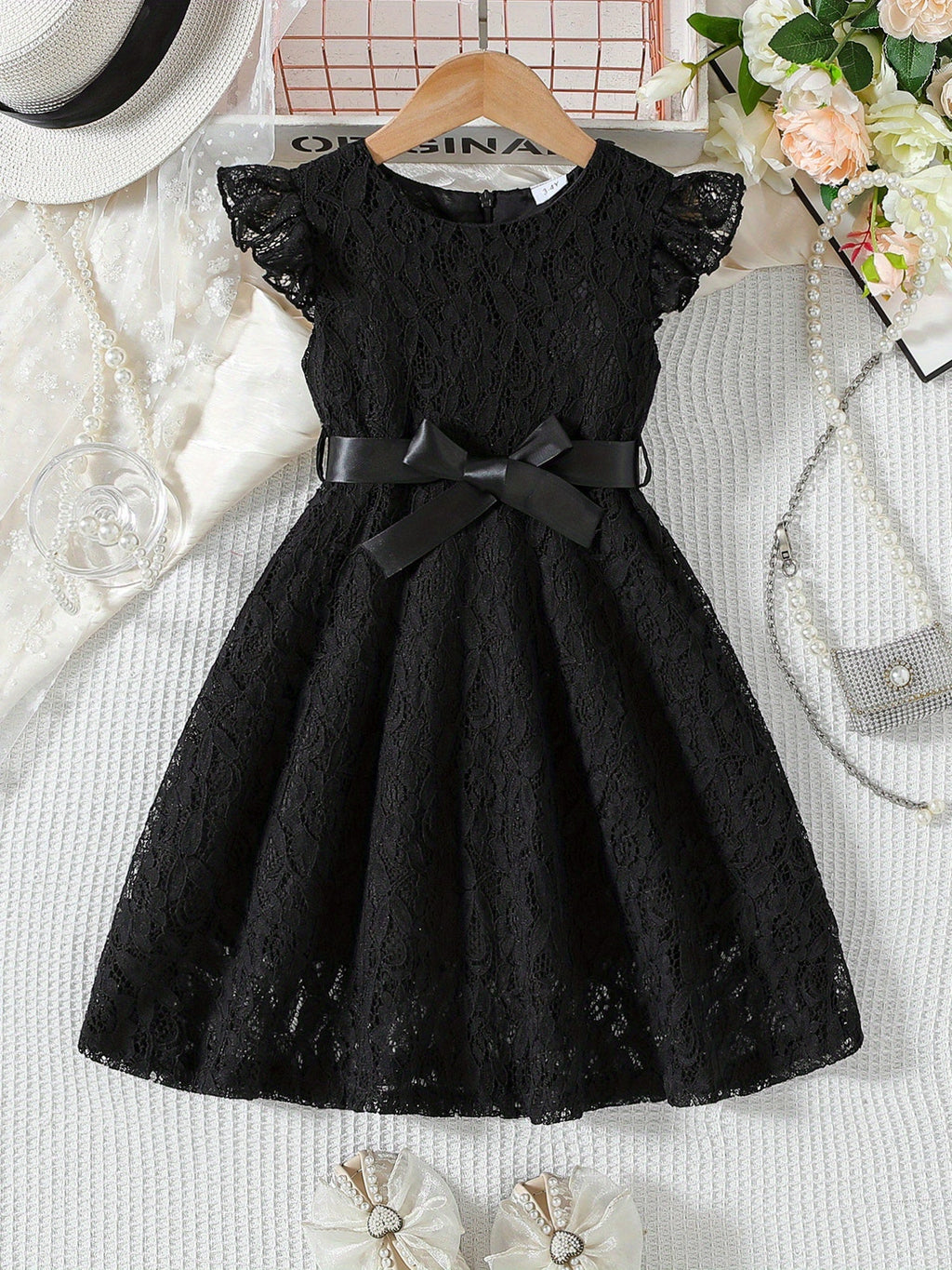 SHOWLU Girls lace fly sleeve summer dress with belt, solid color woven fabric, perfect for warm weather and casual occasions.