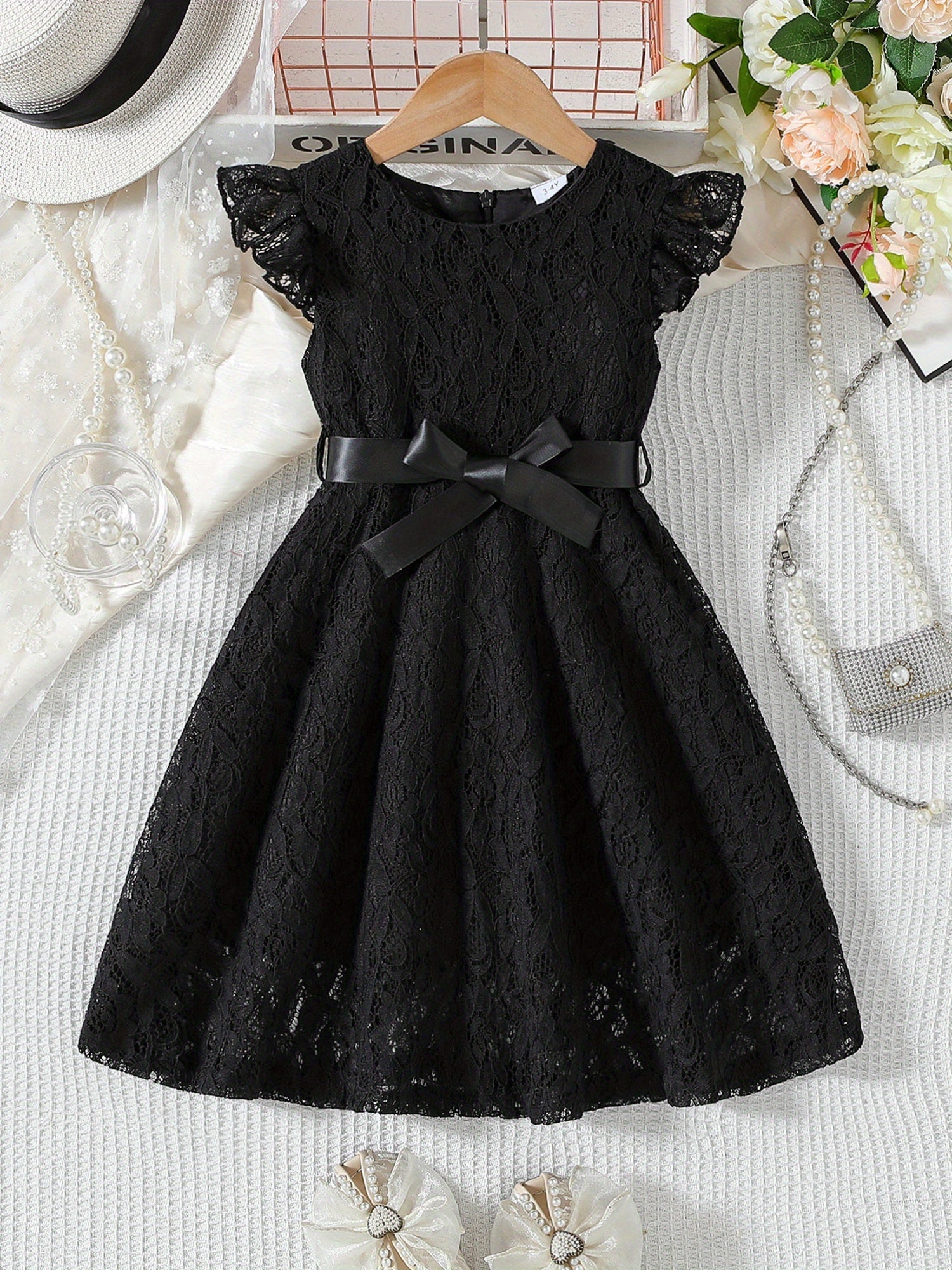 SHOWLU Girls lace fly sleeve summer dress with belt, solid color woven fabric, perfect for warm weather and casual occasions.