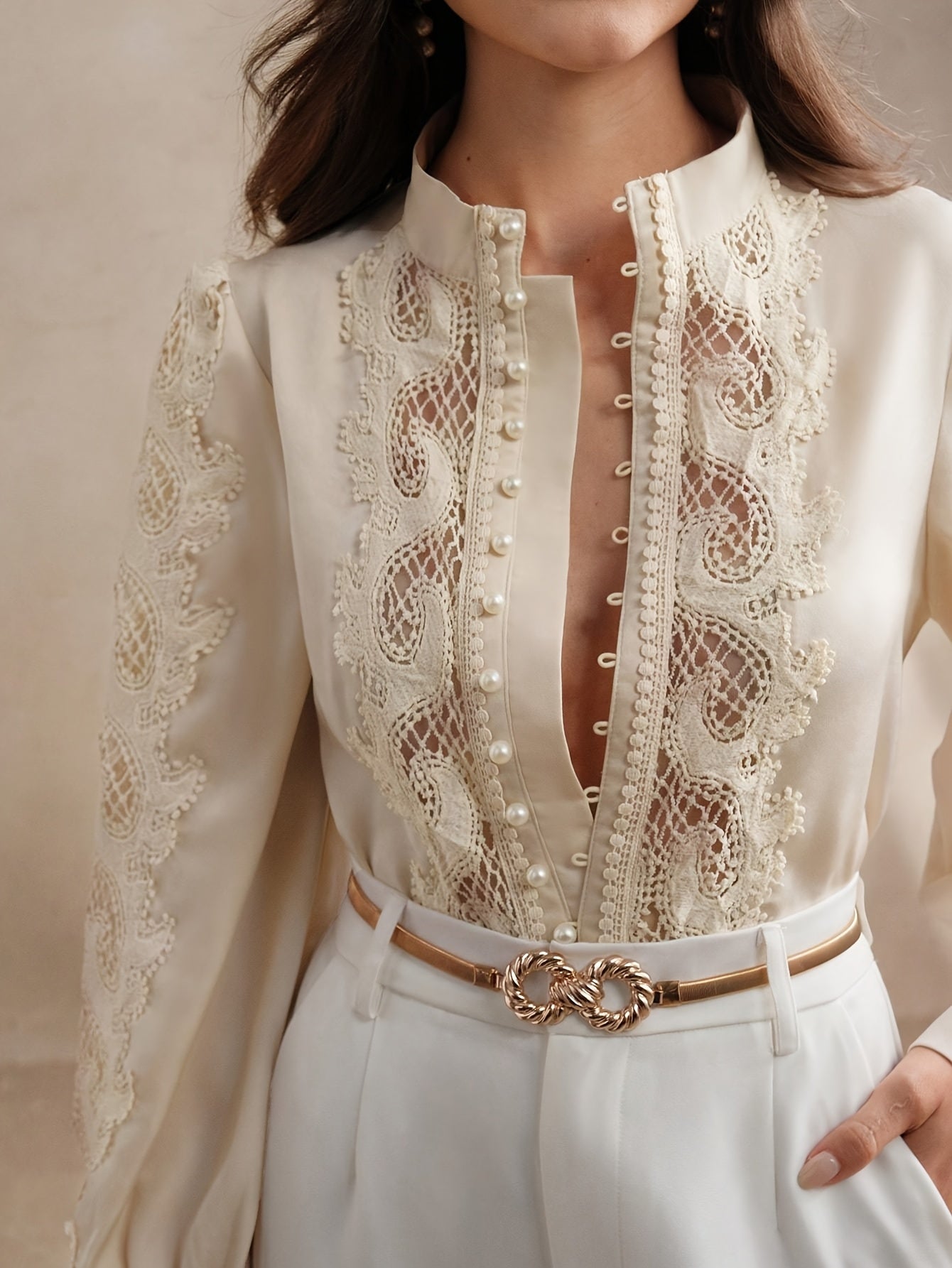Women's semi-sheer blouse with lace trim and stand collar, SHOWLU FASHION STORE, stylish lace-trimmed shirt for women.
