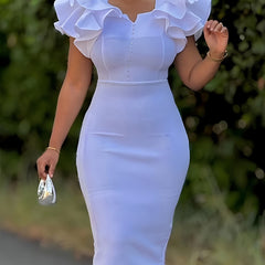 Elegant Dresses For Woman 2025 New Square Neck Ruffles Sleeve Solid Sheath Mid Calf High Quality Ladies Birthday Party Dinner Wear Vestidos Mujer Clothes Wholesale