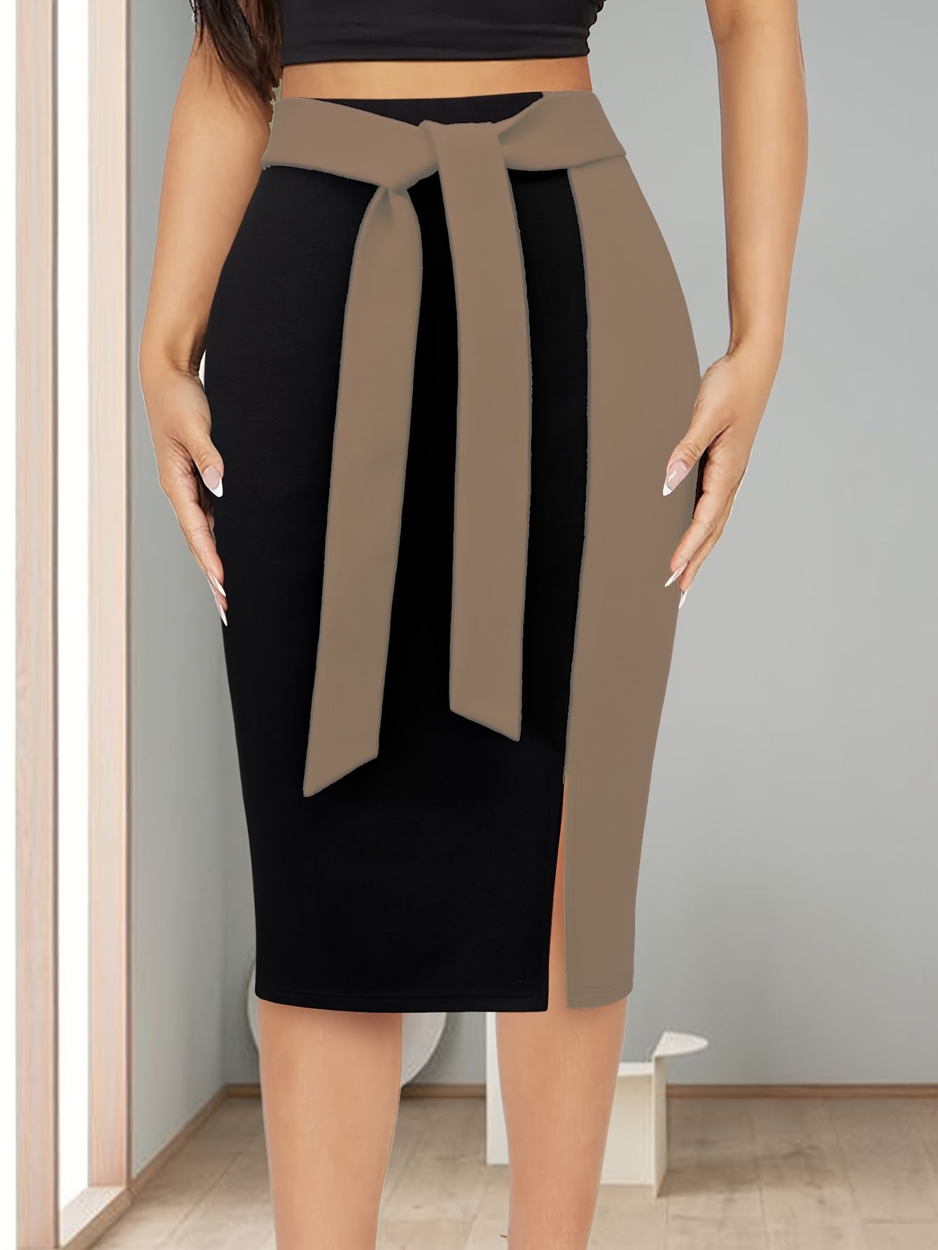 SHOWLU FASHION women's color-block midi skirt in black to burgundy ombre with a flowy silhouette and stylish design.