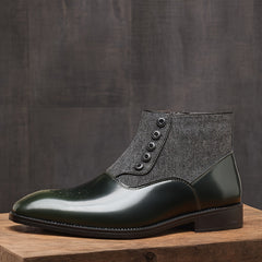 A men's short boot featuring a dark green polished toe and a grey herringbone fabric upper.