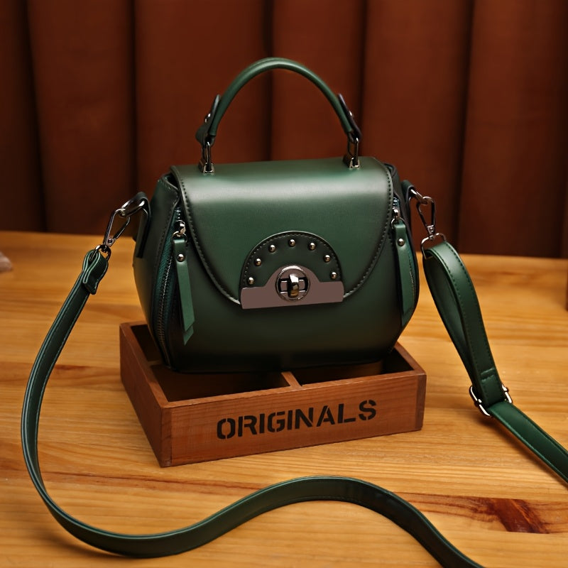 SHOWLU Women's retro apple-shaped crossbody bag in black PU leather, stylish accessory with adjustable strap and compact design.