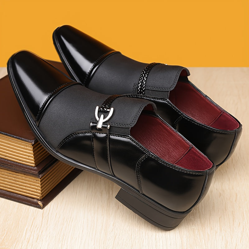 Men's pointed toe slip-on dress shoes by Showlu Fashion, made of PU leather, stylish business loafers for formal occasions.