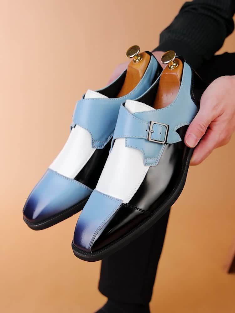 SHOWLU men's plaid microfiber leather Oxford dress shoes with buckle, stylish formal footwear with a classic design.