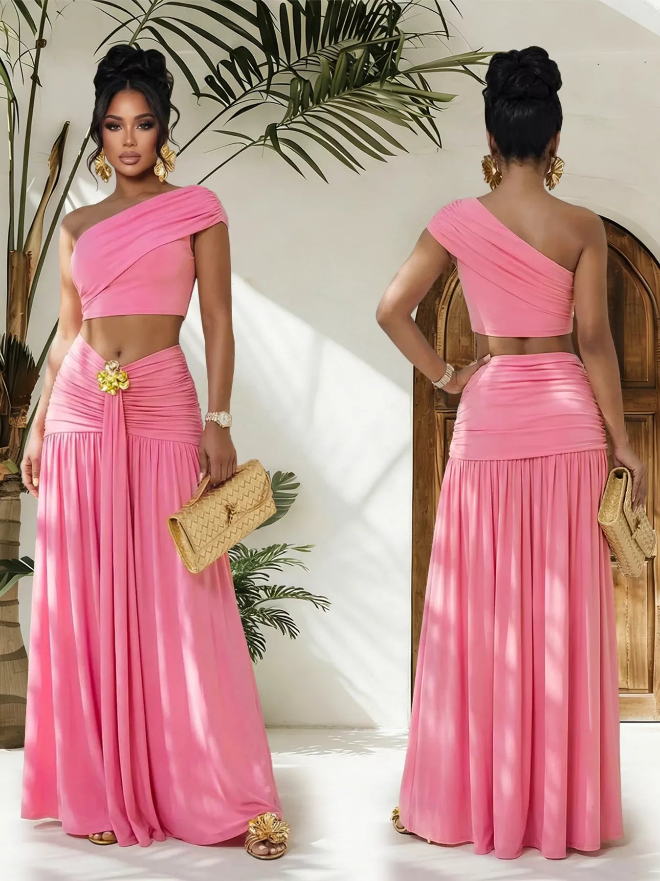 Trendsi one-shoulder top and ruched maxi skirt set featuring a stylish, fitted design in a soft, elegant fabric.