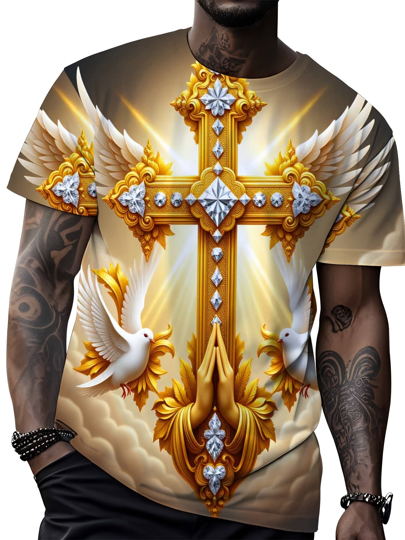 Showlu Men's golden cross with wings Christian faith T-shirt, featuring polyester fabric and detailed graphic design.