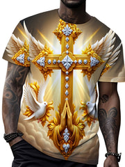A man wears a crew neck t-shirt featuring a golden cross, wings, doves, and praying hands.