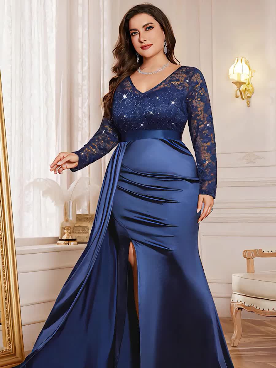 SHOWLU FASHION sequin lace V-neck long sleeve plus size mermaid gown displayed on a mannequin with intricate detailing.
