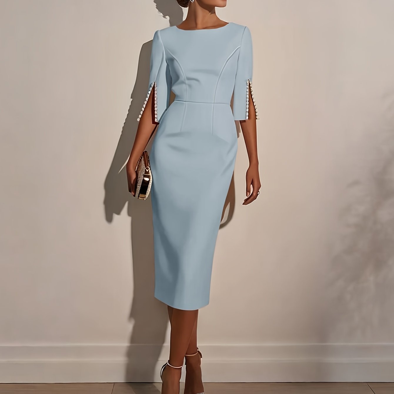 SHOWLU FASHION STORE ZOELNIC women's pearl bodycon midi dress with elegant half sleeves, form-fitting evening gown.