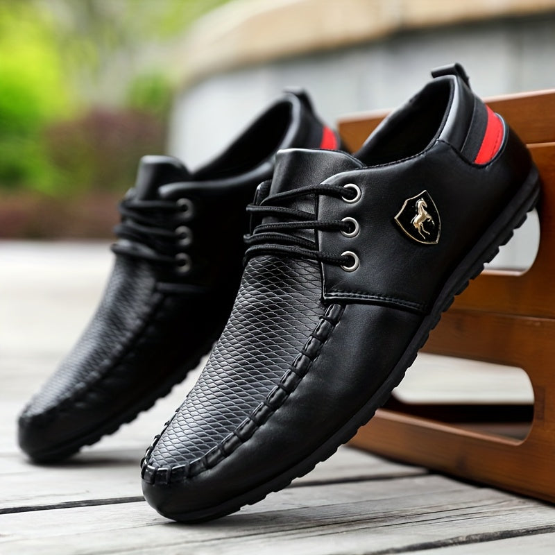 Black men's lace-up formal shoes by KOONEXY, made of durable PU leather with sleek design for business or formal occasions.