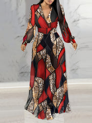 Leopard Print Lantern Sleeve Sheer V-Neck Sheer Mesh Maxi Dress Elegant Evening Dress SHOWLU FASHION STORE