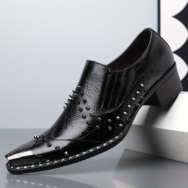 Showlu Fashion Men's pointed toe slip-on business casual shoes in punk style PU leather, stylish and comfortable for everyday wear.