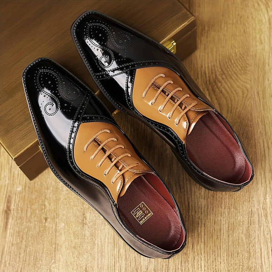 Showlu Fashion men's lace-up wedding shoes with casual round toe design, made of black PU leather for formal occasions.