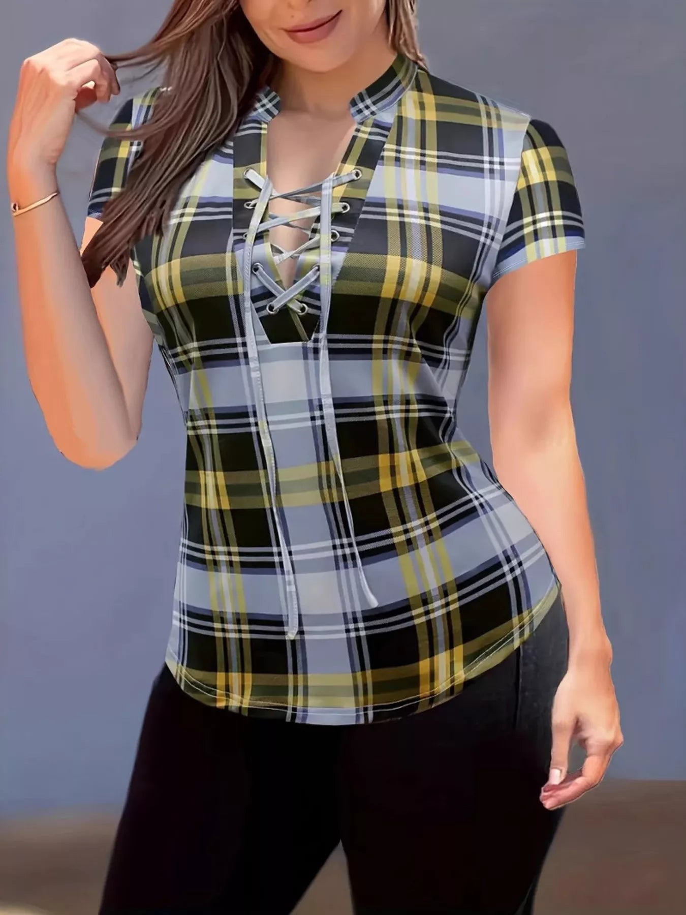 Plaid lace-up short sleeve blouse by Trendsi featuring a stylish design and button-front detail.
