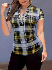 Plaid lace-up short sleeve blouse by Trendsi featuring a stylish design and button-front detail.