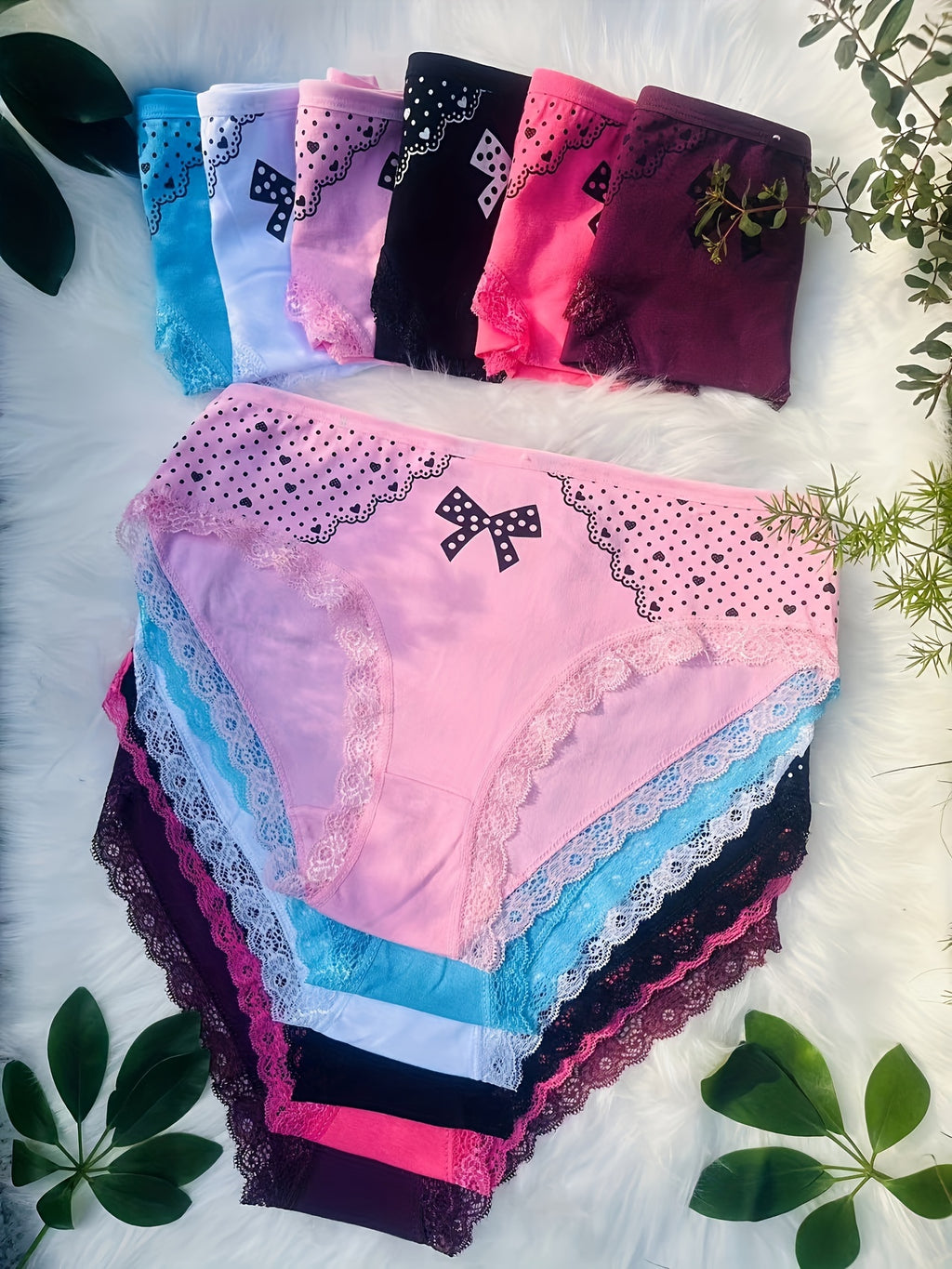 Showlu 12-pack plus size cotton lace briefs with heart print, featuring comfortable underwear with feminine design and breathable fabric.