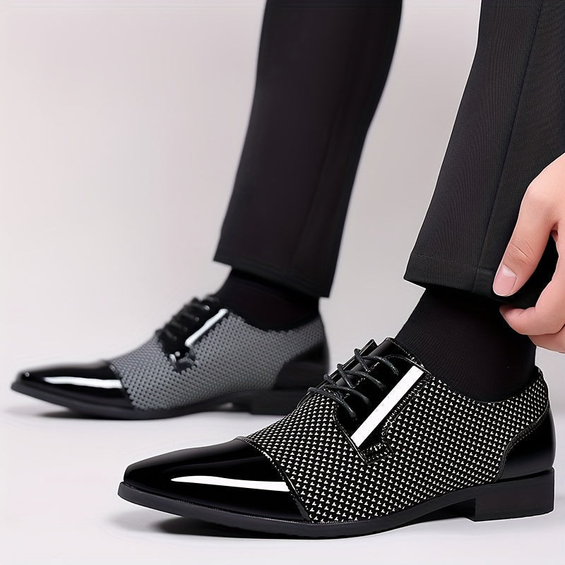 Black and white SHOWLU men's Oxford dress shoes made of PU leather with lace-up design, stylish formal footwear for men.