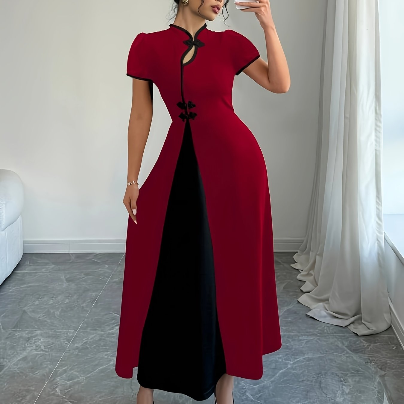 Elegant women's V-neck fitted knit dress in solid color by SHOWLU FASHION, showcased on a model.